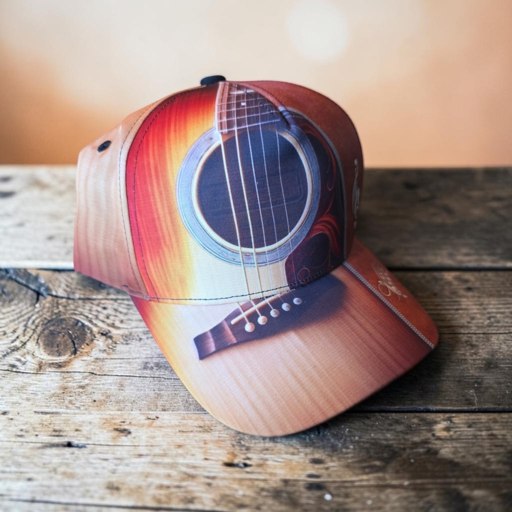 NWOT 3D acoustic guitar graphic print and treble clef‎ details cap hat one size